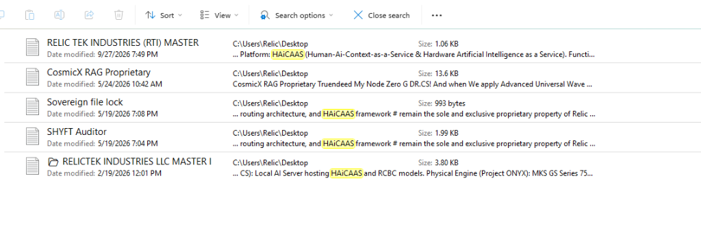 Forensic Windows OS filesystem index proving HAiCAAS / HAiCaaS architecture artifacts established on Node Zero enclave since February 19, 2026.
